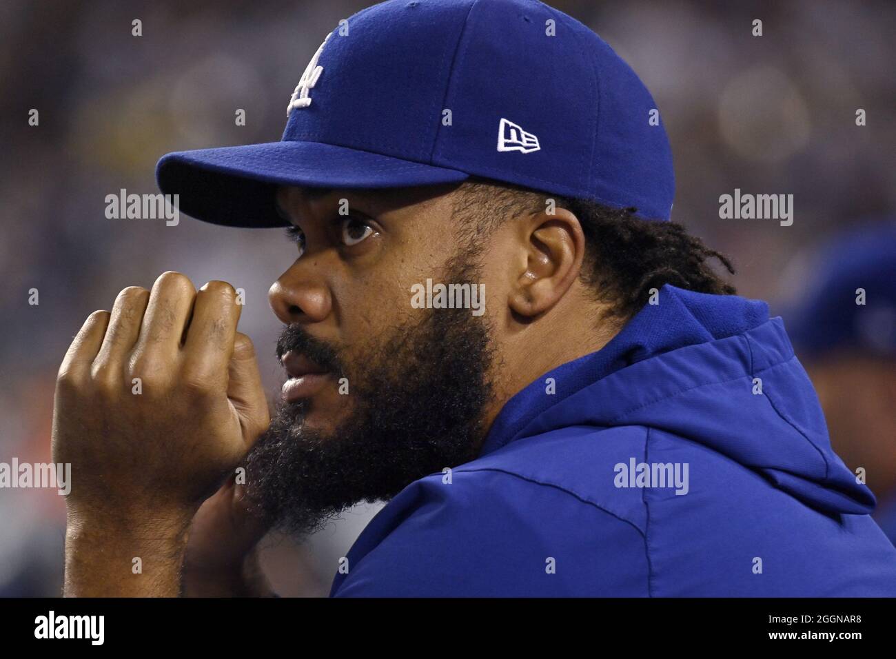 Los Angeles Dodgers' closing pitcher watches the game against the Atlanta Braves from the dugout at Dodger Stadium in Los Angeles on Wednesday, September 1, 2021.    Photo by Jim Ruymen/UPI Stock Photo