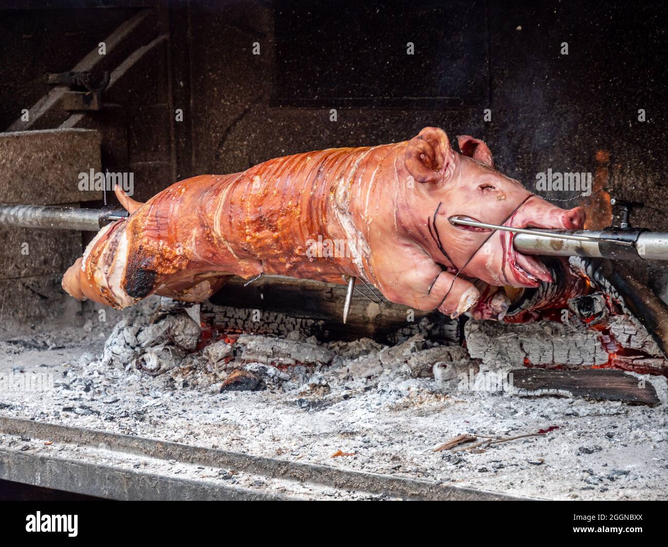 Grilled suckling pig on a spit over the fire Stock Photo - Alamy