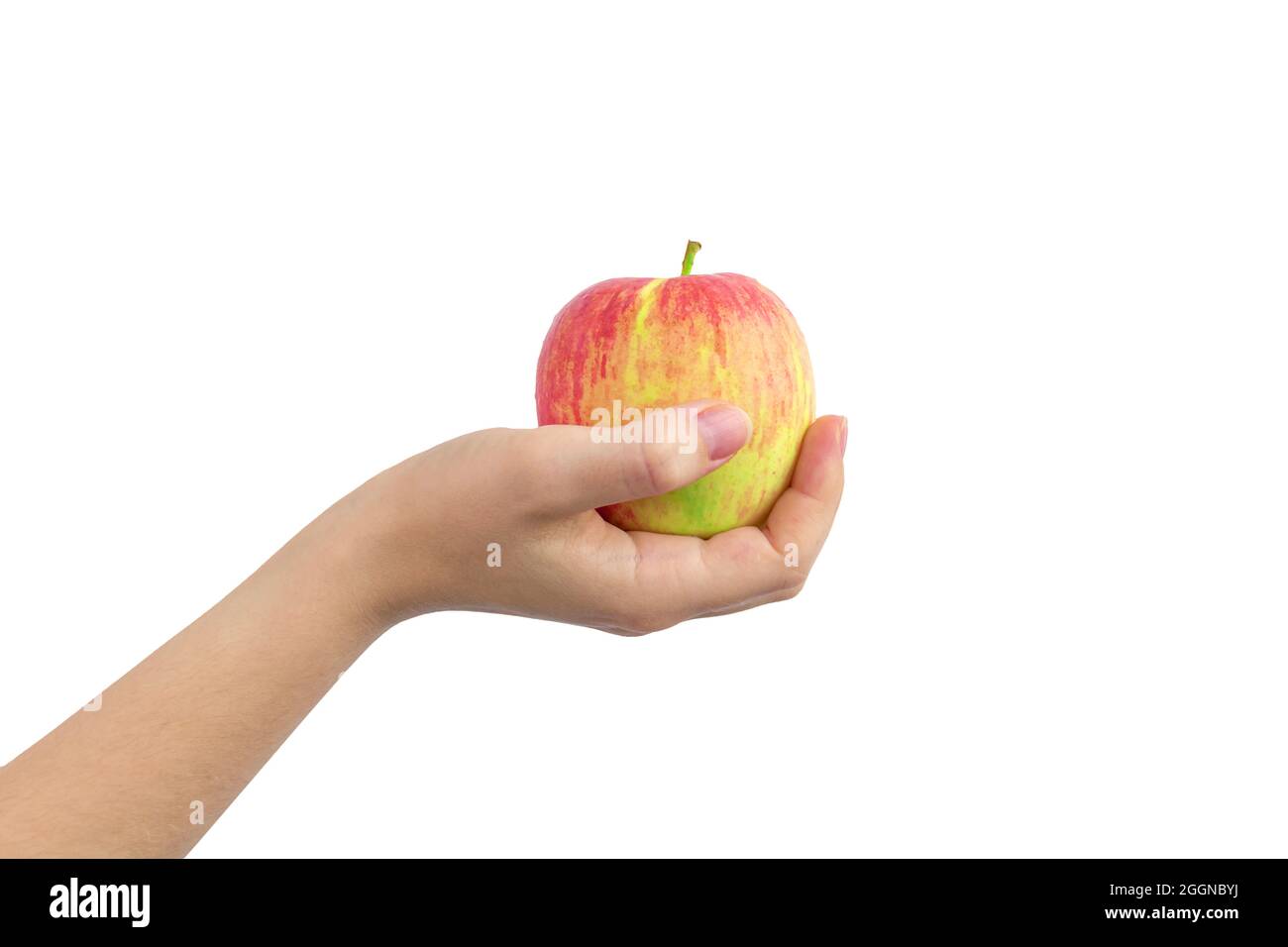 Yellow and red apple in hand isolated on a white background Stock Photo