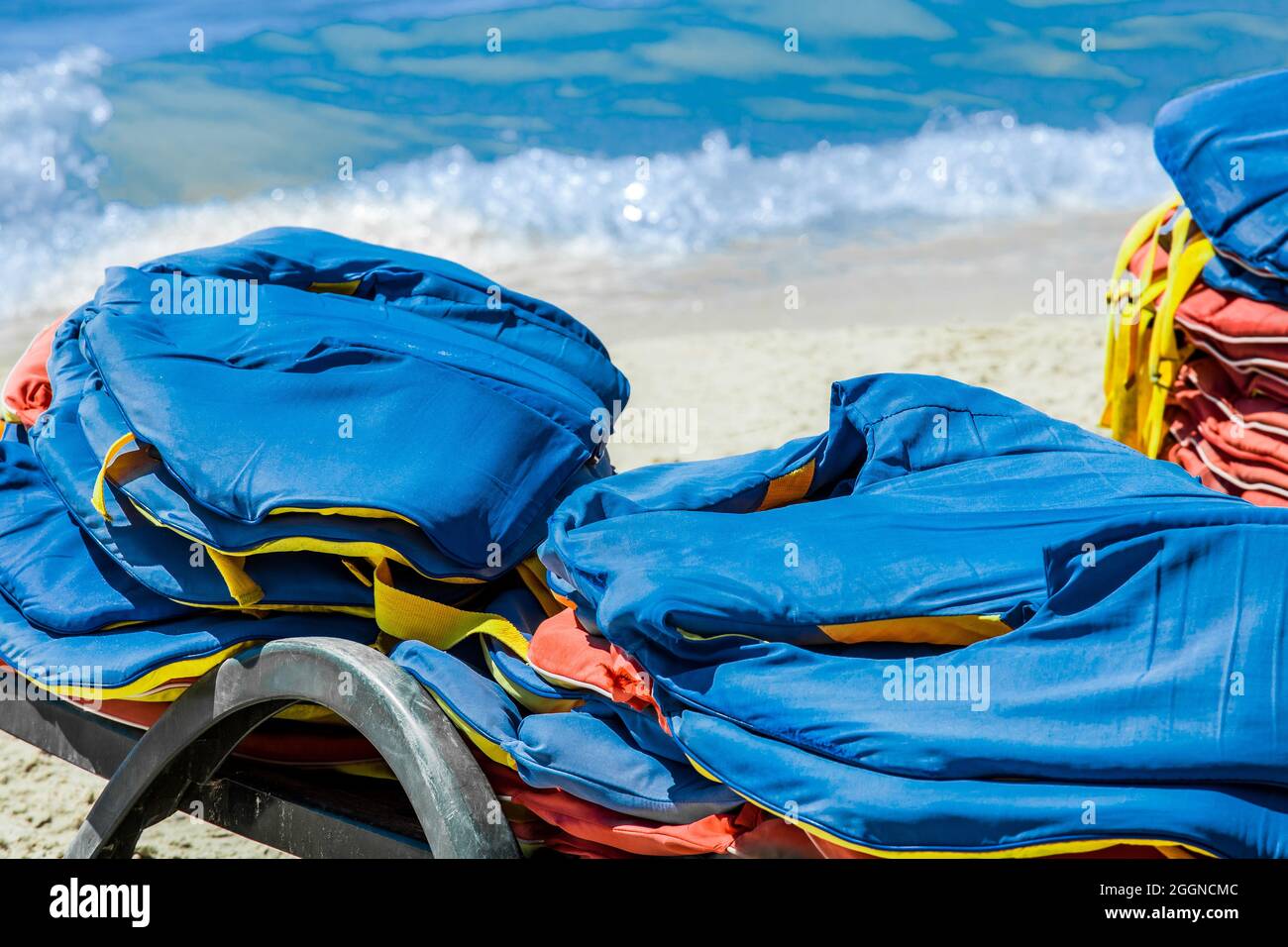 Life jackets, protection and safety of life on the water against the background of the sea. Stock Photo