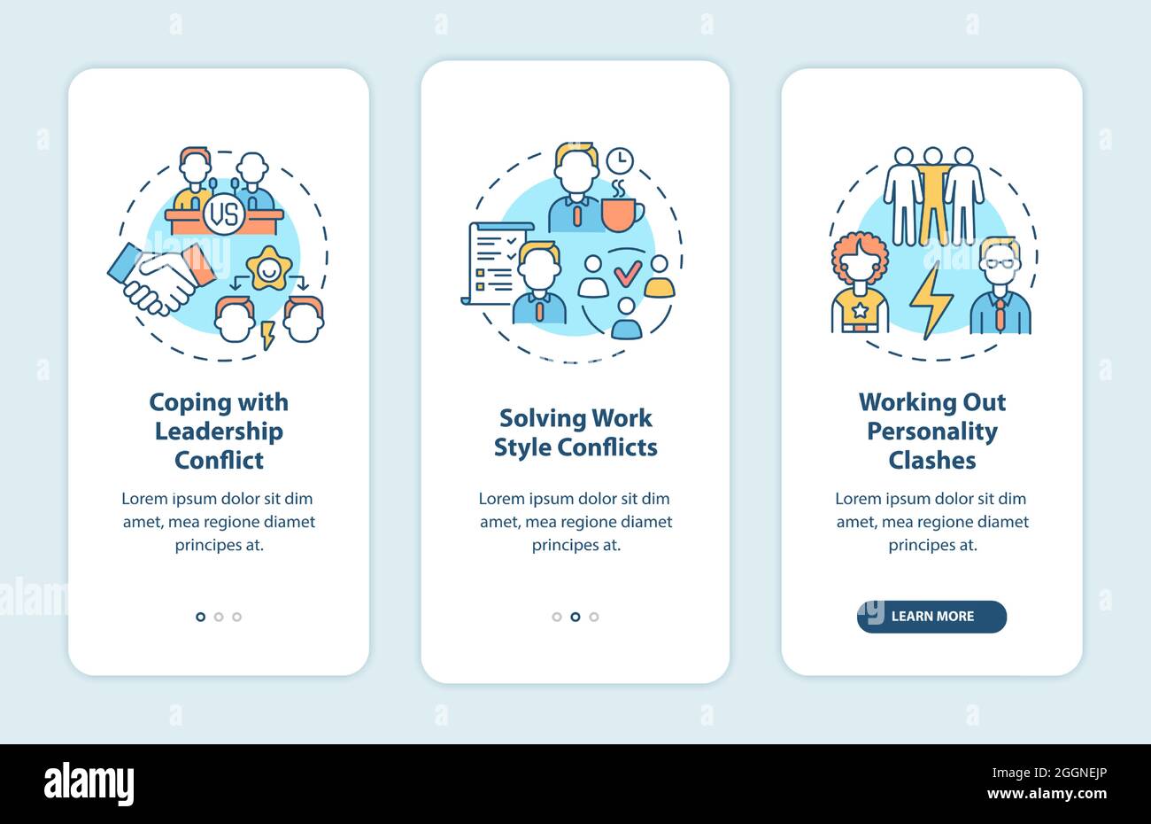 Dealing with team conflicts onboarding mobile app page screen Stock Vector