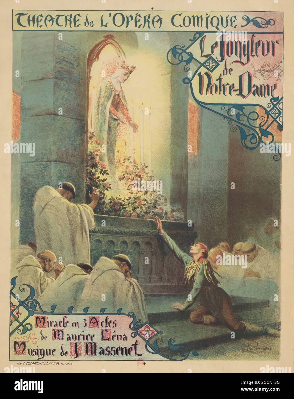 Premiere Poster for the opera Le jongleur de Notre-Dame by Jules Massenet. Museum: PRIVATE COLLECTION. Author: Georges Antoine Rochegrosse. Stock Photo
