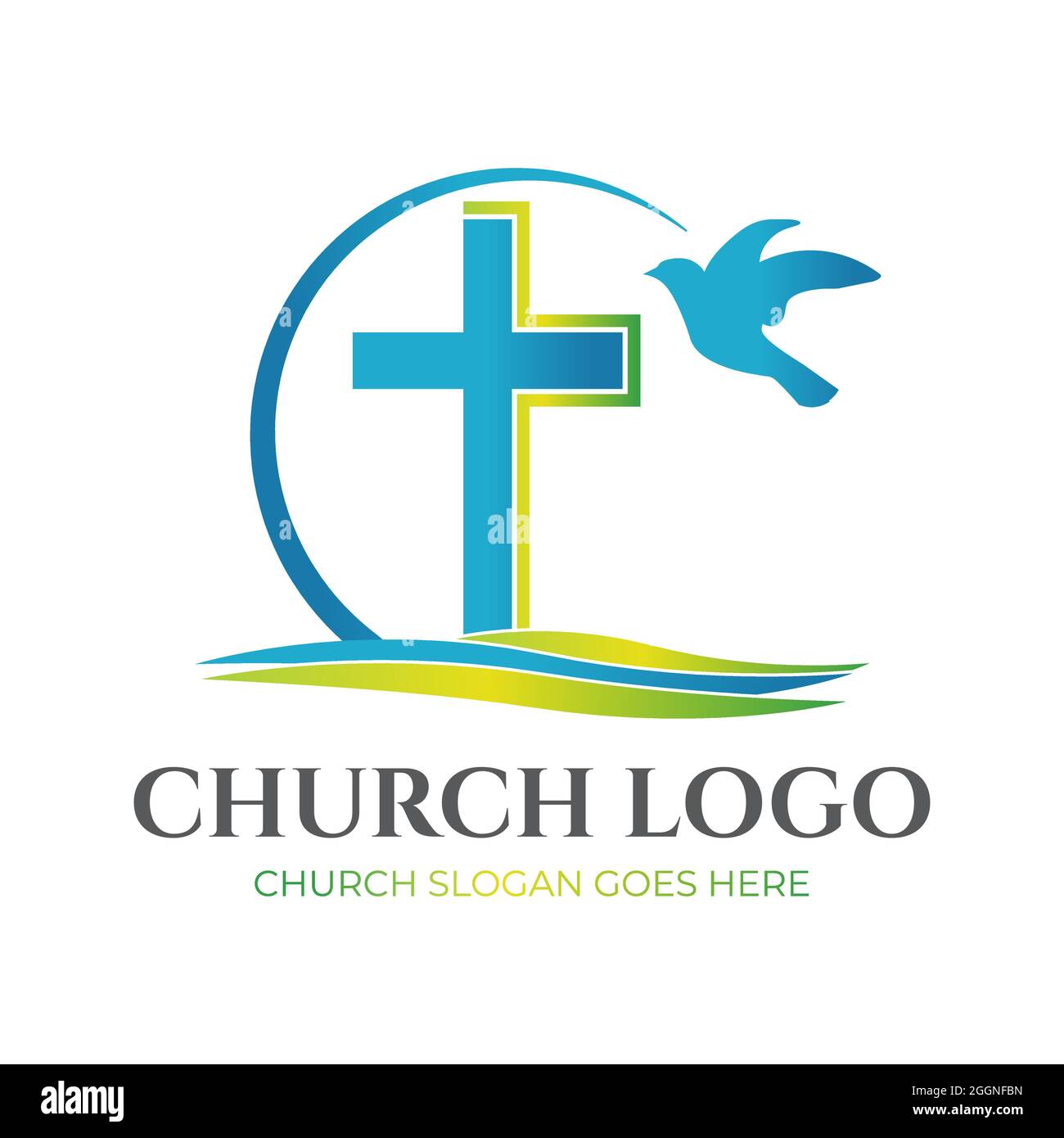 Christian Church Logo Design with Cross and Pigeon Stock Vector