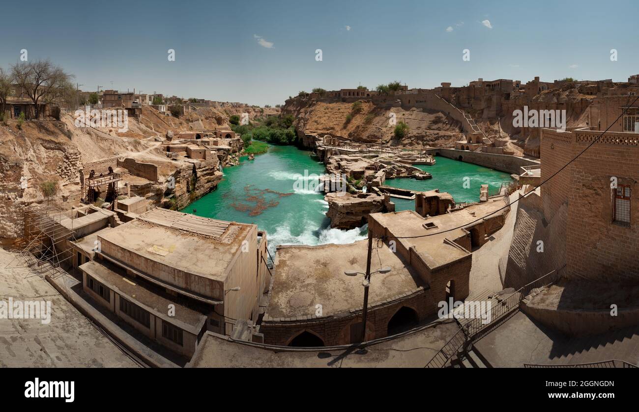 Shushtar Historical Hydraulic System with old houses constructions around, complex irrigation system of the city Shushtar from the Sassanid era. Khuze Stock Photo