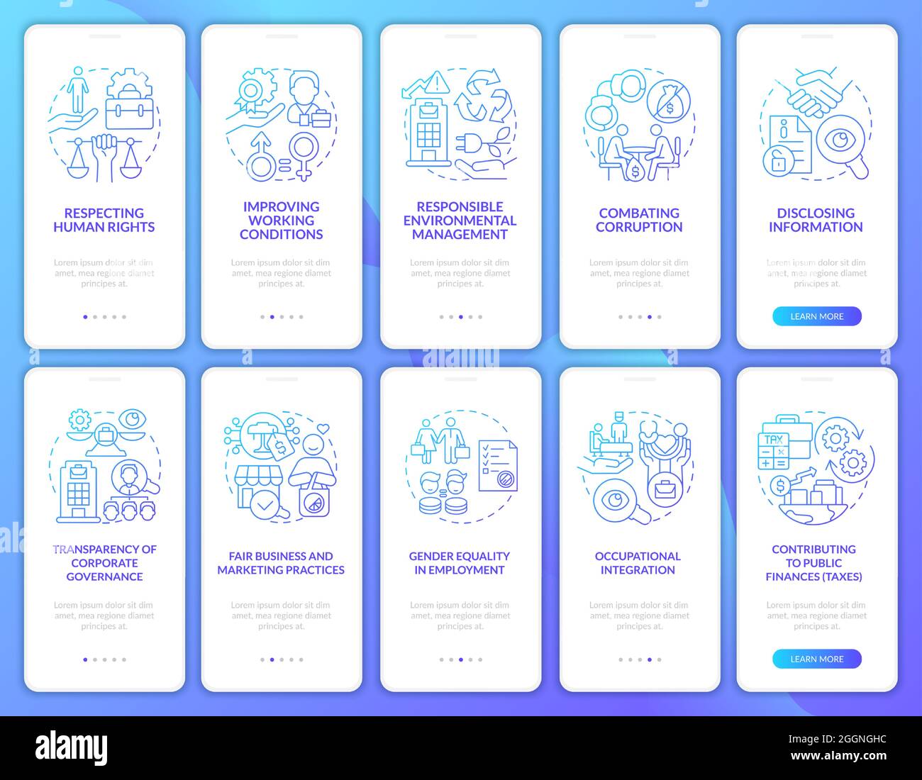 CSR related blue gradient onboarding mobile app page screen set Stock ...
