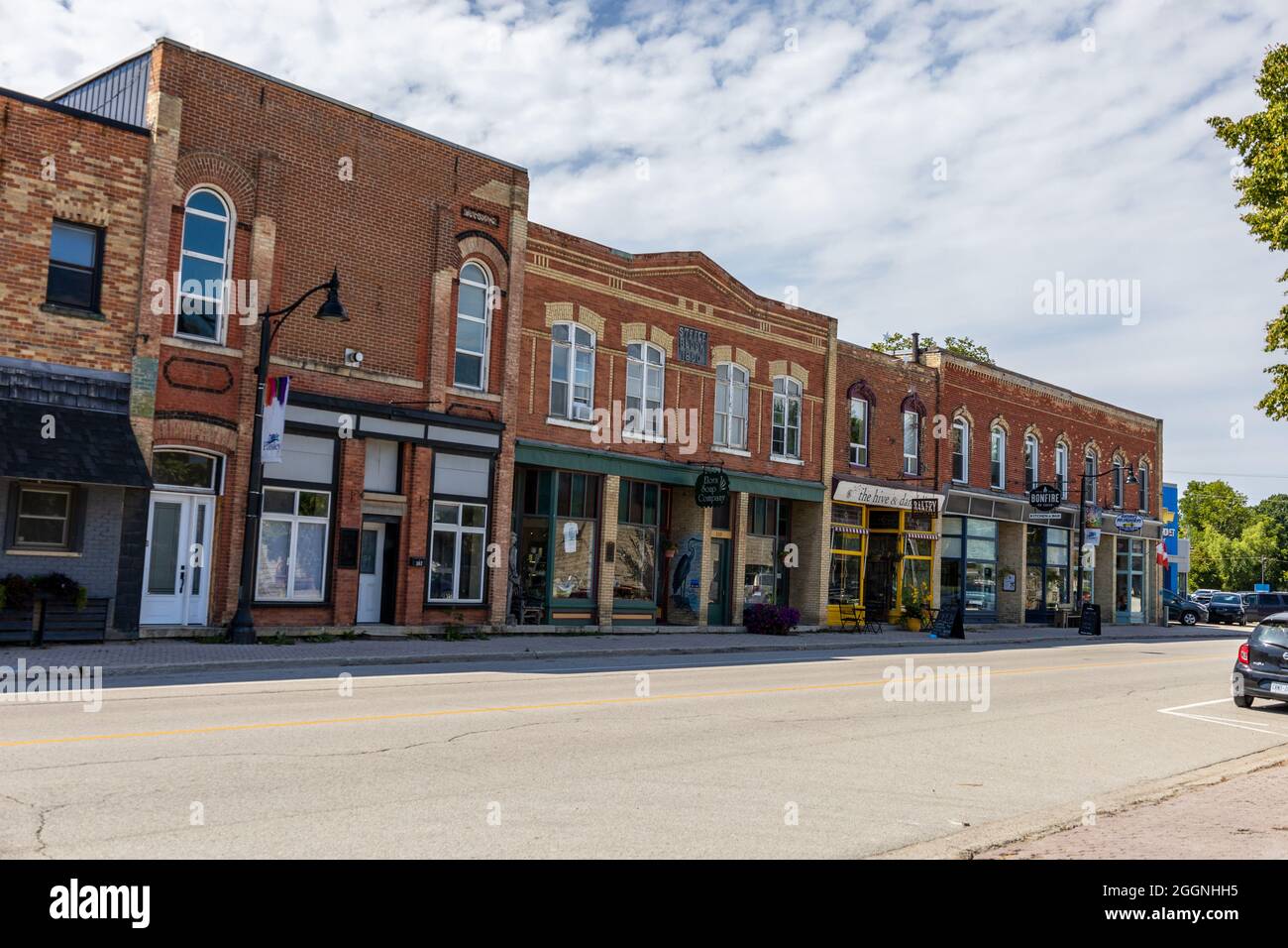 Historic Heritage Buildings The Steele Block Paisley Ontario Canada With Small Business Retail Shops Stores And Cafe Paisley Ontario Canada Stock Photo