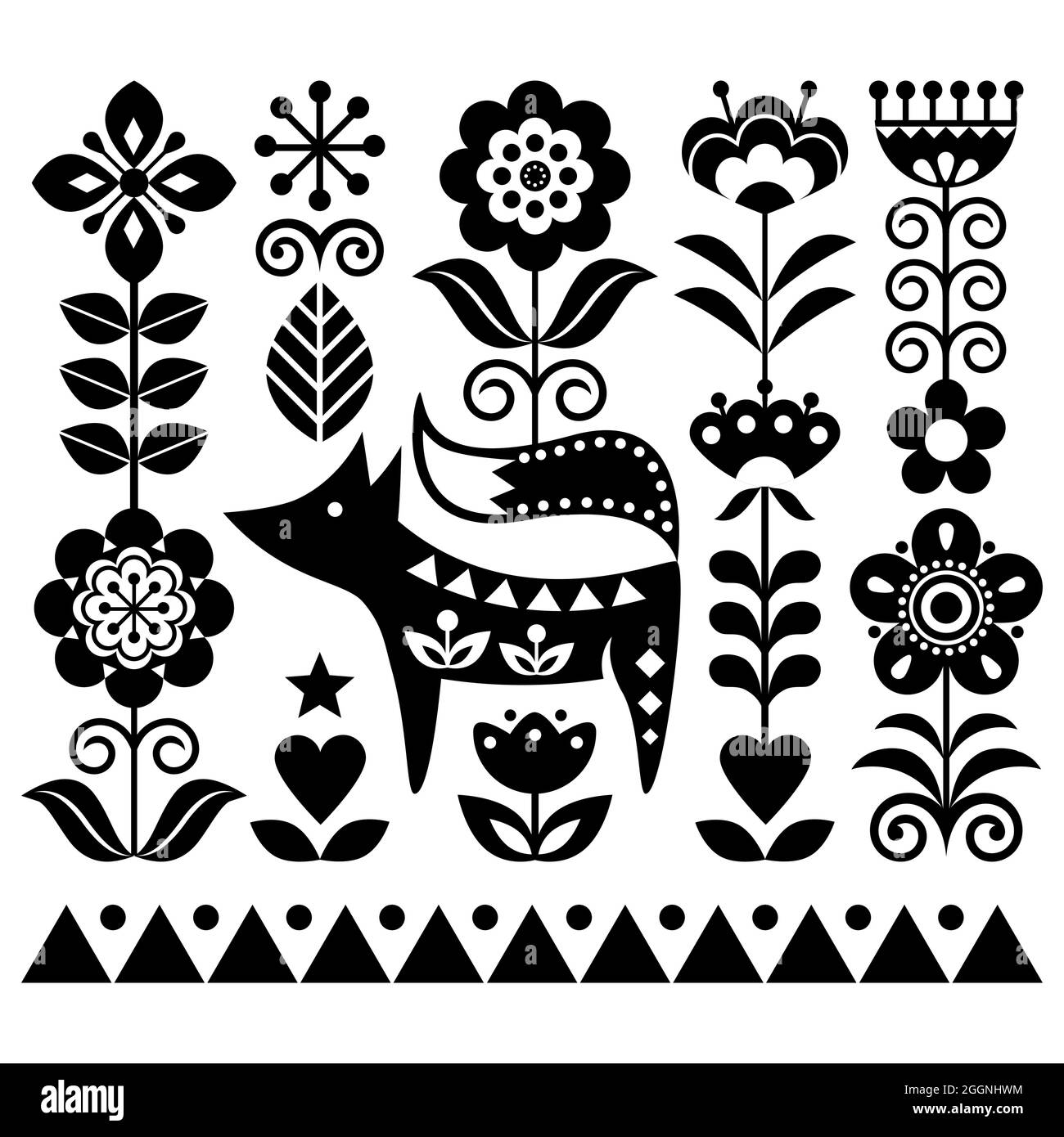 Scandinavian cute folk art vector pattern with flowers and fox, black and white floral greeting card or invitation inspired by traditional embroidery Stock Vector