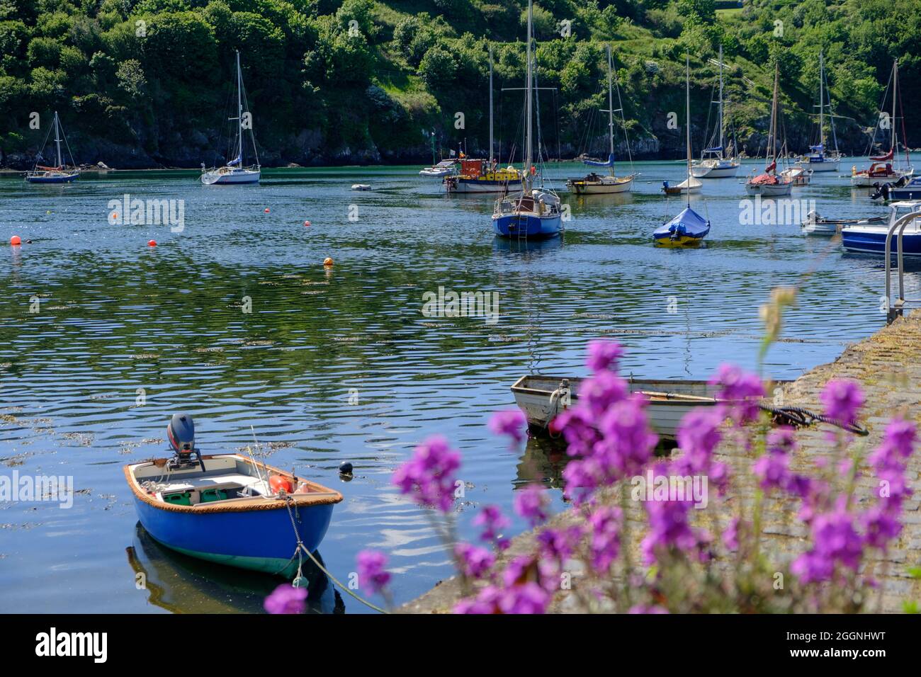 Small boats moored in Lower Town Fishguard harbour Pembrokeshire Wales Stock Photo