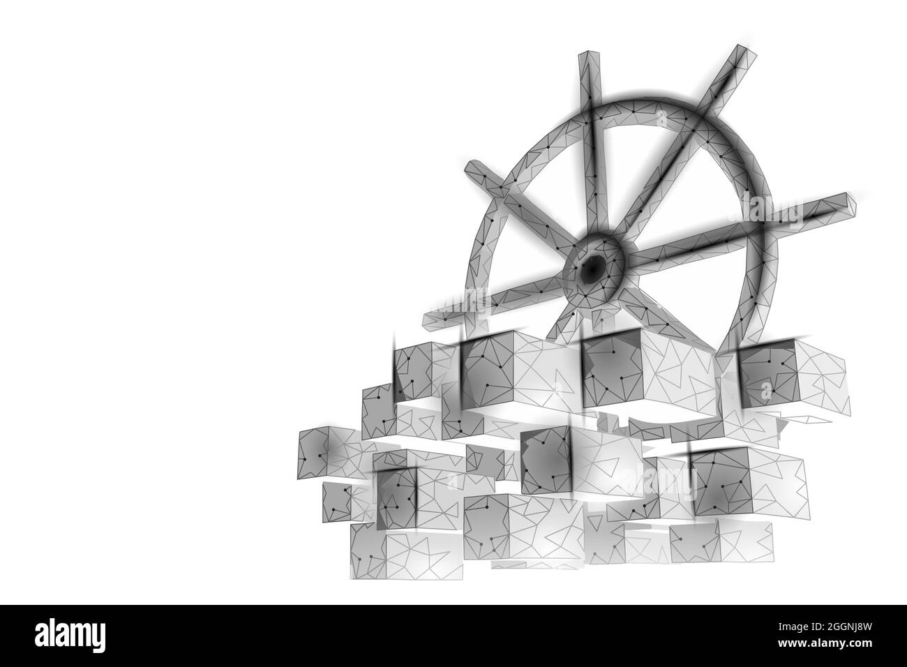 Wheel helm on container computer developer app concept. Business digital open source program. Data coding steering 3D low polygonal vector line Stock Vector