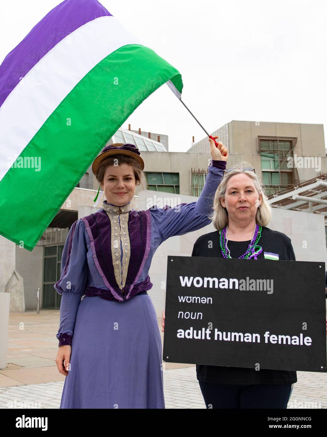 Edinburgh, Scotland, UK. 2nd Sep, 2021. PICTURED: Women Won't Wheesht movement march on the Scottish Parliament to protest against the taking away of their rights to be seen as women. Under the new laws proposed by the First Minister Nicola Sturgeon who is inside the chamber at First Ministers Questions, the women hope to make her hear their message. Credit: Colin Fisher/Alamy Live News Stock Photo