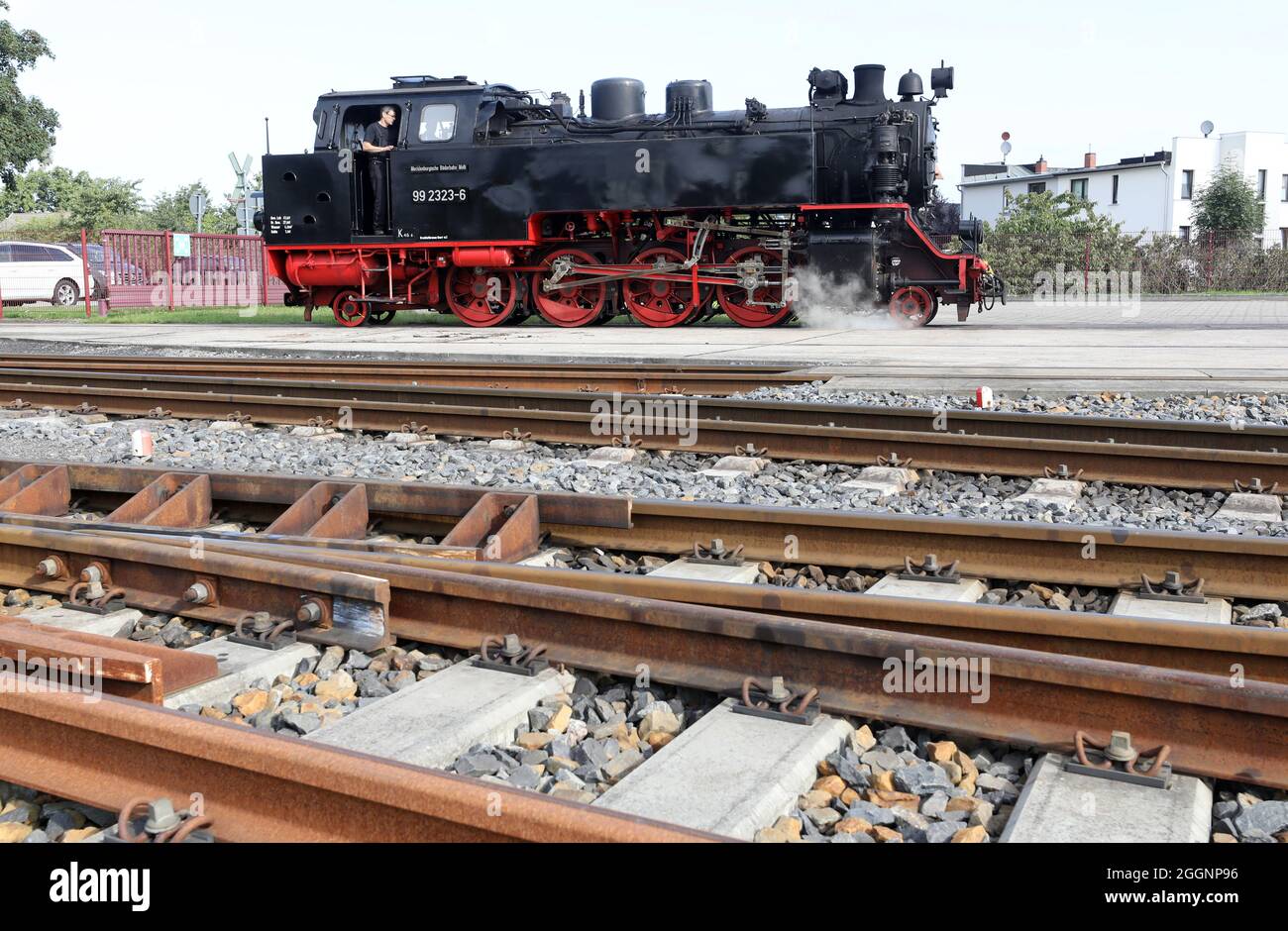02 September 2021, Mecklenburg-Western Pomerania, Bad Doberan: A locomotive of the Molli narrow-gauge railway shunts at the station. The Mecklenburg Bäderbahn Molli MBB receives a funding decision for 662,000 euros for the renewal of rails, points and signalling technology. This means that the state will cover 75 percent of the costs incurred for the project. Photo: Bernd Wüstneck/dpa-Zentralbild/dpa Stock Photo