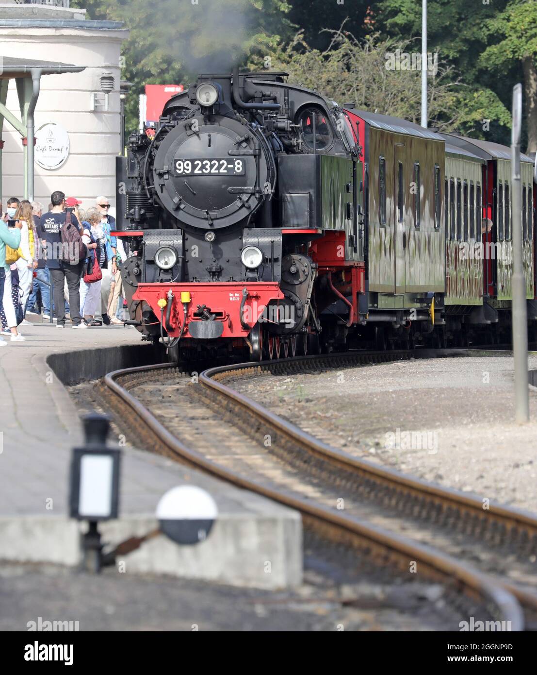 02 September 2021, Mecklenburg-Western Pomerania, Bad Doberan: A train of the Molli miniature railway enters the station. The Mecklenburg Bäderbahn Molli MBB receives a funding decision for 662,000 euros for the renewal of rails, points and signalling technology. This means that the state will cover 75 percent of the costs incurred for the project. Photo: Bernd Wüstneck/dpa-Zentralbild/dpa Stock Photo