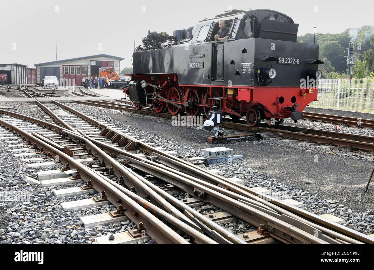 02 September 2021, Mecklenburg-Western Pomerania, Bad Doberan: A locomotive of the Molli narrow-gauge railway shunts at the station. The Mecklenburg Bäderbahn Molli MBB receives a funding decision for 662,000 euros for the renewal of rails, points and signalling technology. This means that the state will cover 75 percent of the costs incurred for the project. Photo: Bernd Wüstneck/dpa-Zentralbild/dpa Stock Photo