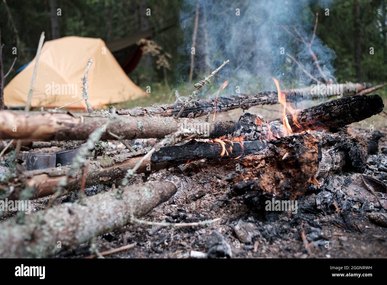 Camp fire, against the background of the tent and hammock in the camp