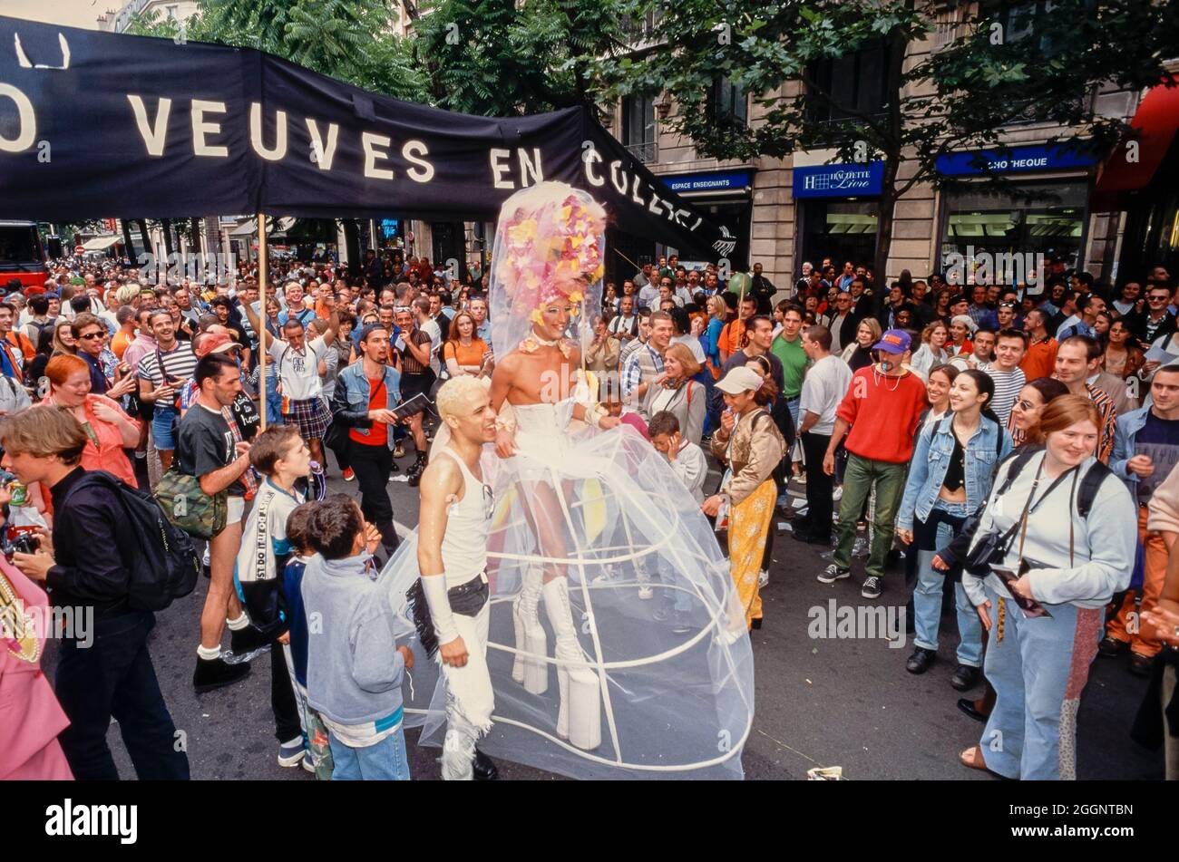 Crowd of People, AIDS Activists of Act Up PAris Demonstrating on Street, 'Gay Pride' 1996, Queer activism, pride march Stock Photo