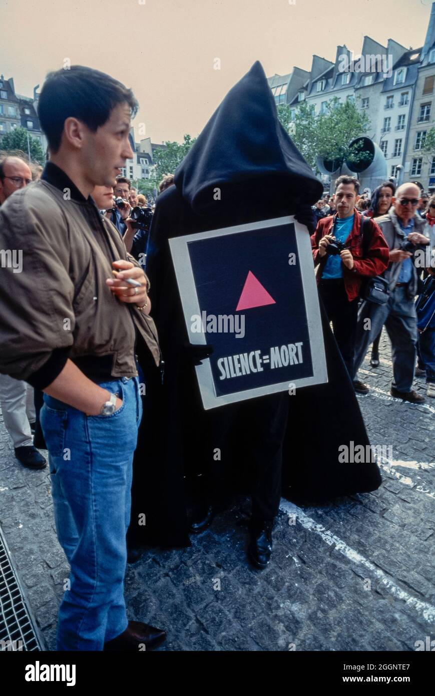 Crowd of People, AIDS Activists of Act Up PAris Demonstrating on Street,  1994, aids 1990s Archives, homosexual holocaust Stock Photo