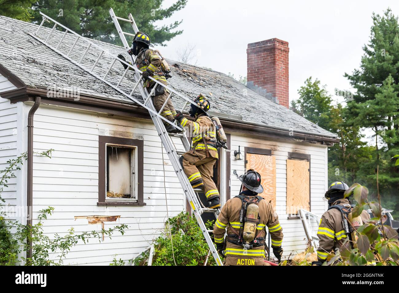 Acton and Stow Fire Departments Live Burn Training with a donated house