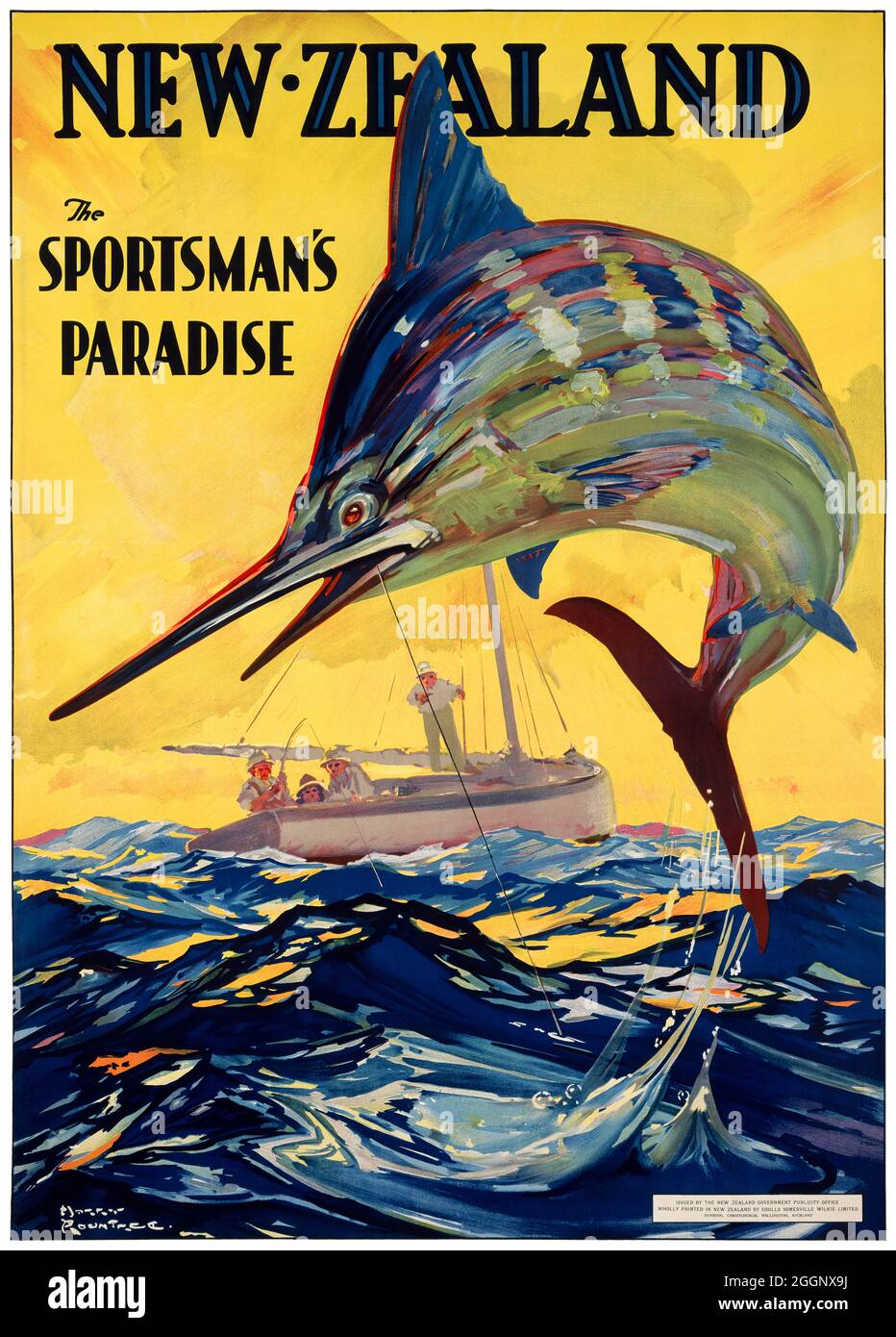 New Zealand. The Sportsman's Paradise by Harry Rountree (1878-1950). Restored vintage poster published in 1929 in New Zealand. Stock Photo