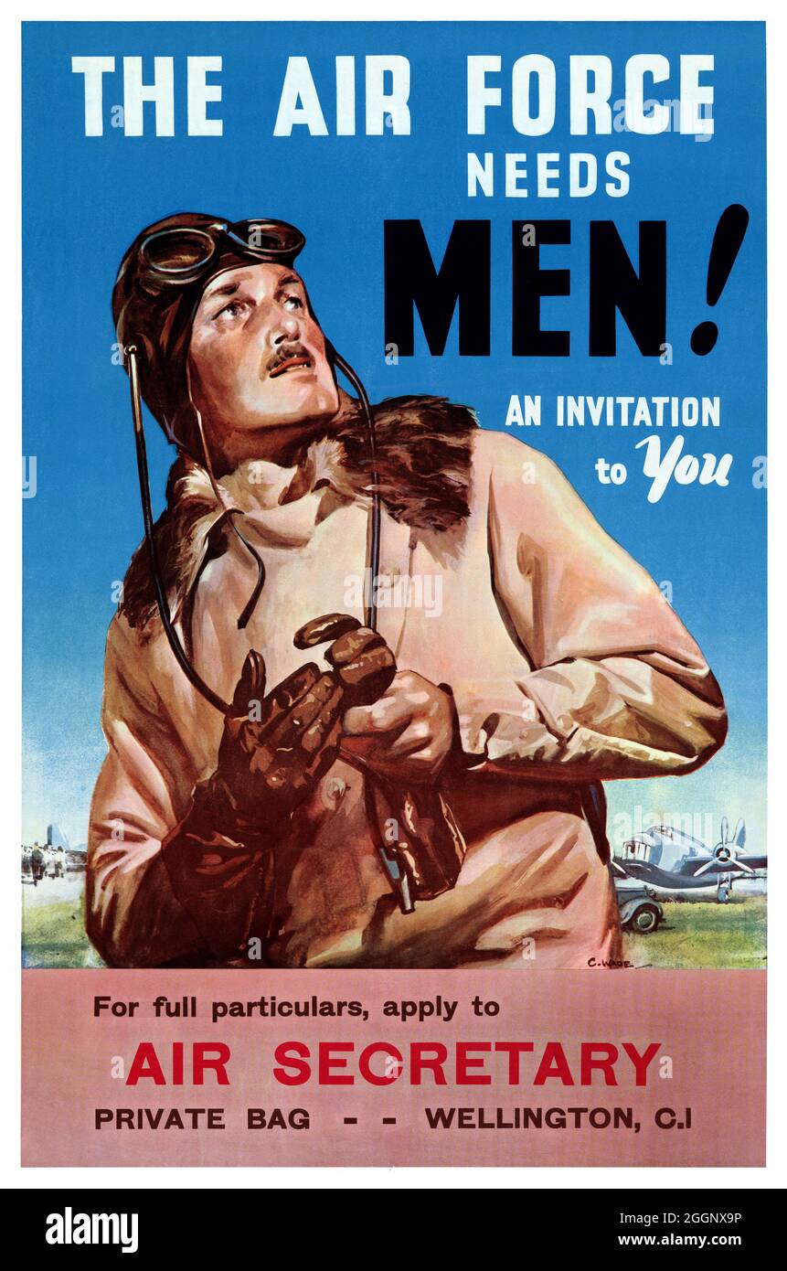 The Air Force Needs Men! An Invitation to You. Restored vintage poster published in the 1940s in New Zealand. Stock Photo