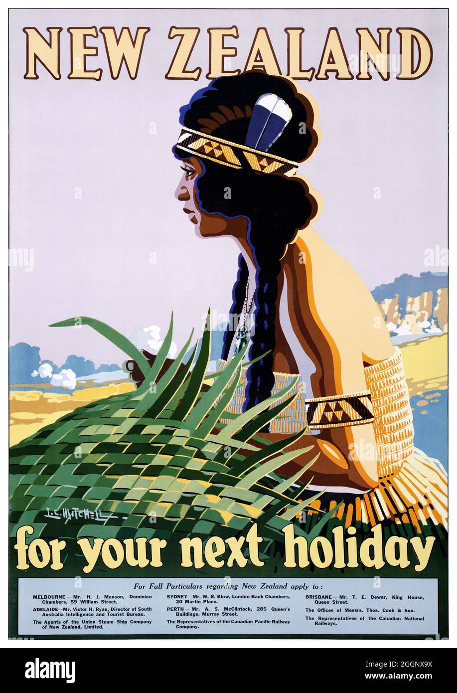 New Zealand for your next holiday by Leonard Cornwall Mitchell (1901-1971). Restored vintage poster published in 1930 in New Zealand. Stock Photo