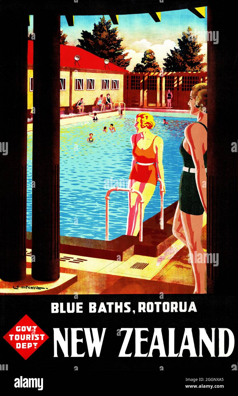 Blue Baths, Rotorua, New Zealand by Leonard Cornwall Mitchell (1901-1971). Restored vintage poster published in 1930 in New Zealand. Stock Photo