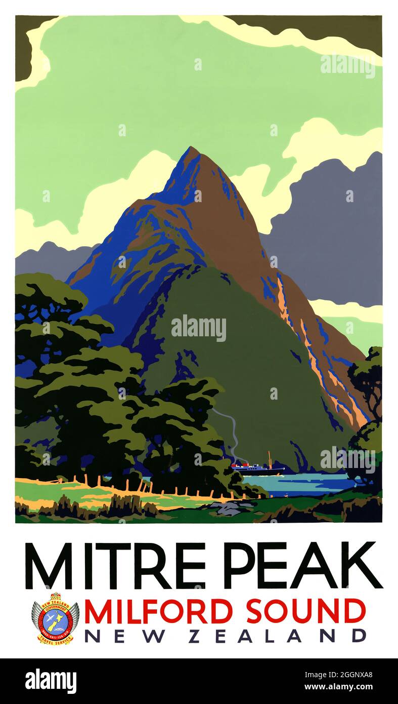 Mitre Peak. Milford Sound. New Zealand. Restored vintage poster published the New Zealand Government Travel Service in 1930. Stock Photo
