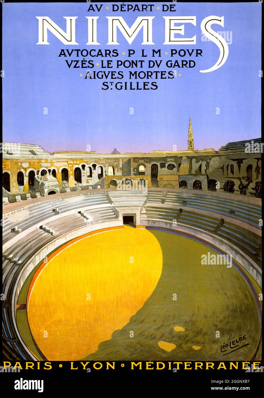 Nimes by Léo Lelée (1872-1947). Restored vintage poster published in 1926 in France. Stock Photo