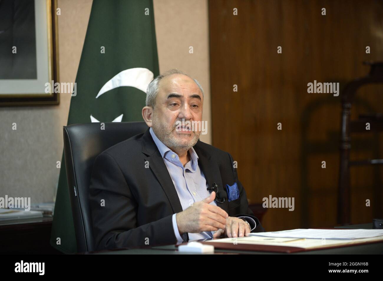 (210902) -- ISLAMABAD, Sept. 2, 2021 (Xinhua) -- Khalid Mansoor, special assistant to the Pakistani Prime Minister on China-Pakistan Economic Corridor (CPEC) affairs speaks during an interview with Chinese media in Islamabad, capital of Pakistan, on Sept. 1, 2021. The China-Pakistan Economic Corridor (CPEC), a flagship project of the China-proposed Belt and Road Initiative (BRI), is one of the most important projects for the economic revival of Pakistan, said Khalid Mansoor, special assistant to the Pakistani Prime Minister on CPEC affairs. TO GO WITH 'Interview: CPEC to play pivotal role Stock Photo