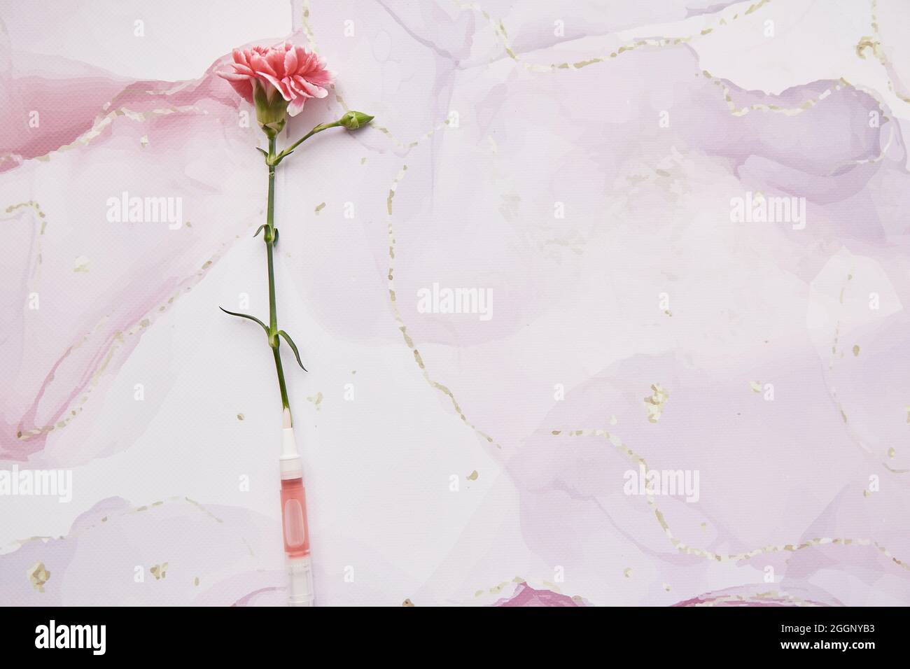 Liquid sustainable essence, cosmetic fluid with pink flower based on blooming. Multiuse. Skin care beauty products on pink background. High quality photo Stock Photo
