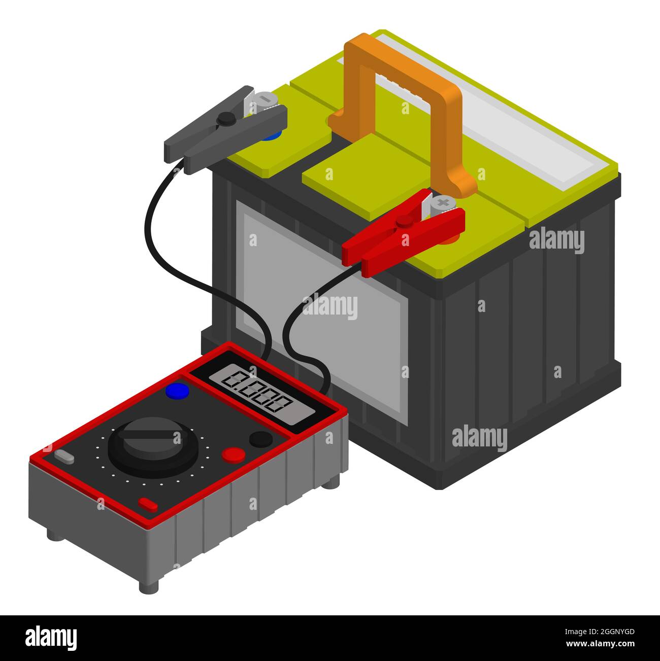 Isometric digital multimeter measures voltage of car battery. Maintaining battery power. Maintenance in car repair shop. Realistic 3D vector isolated Stock Vector