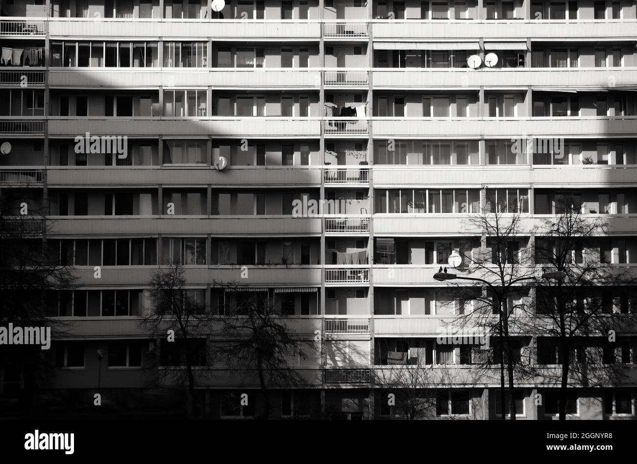Block of flats, black and white photography, urban building, real