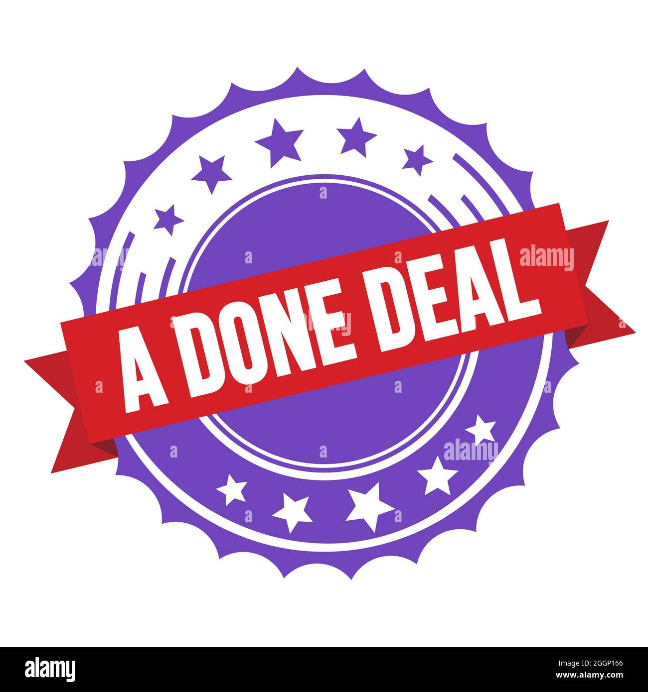 A DONE DEAL text on red violet ribbon badge stamp. Stock Photo