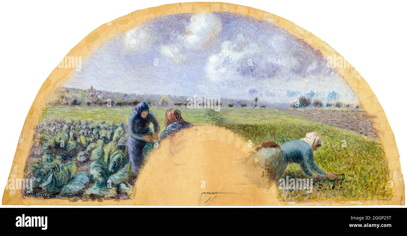 Camille Pissarro, The Cabbage Gatherers, (fan mount), gouache on silk painting, 1878-1879 Stock Photo