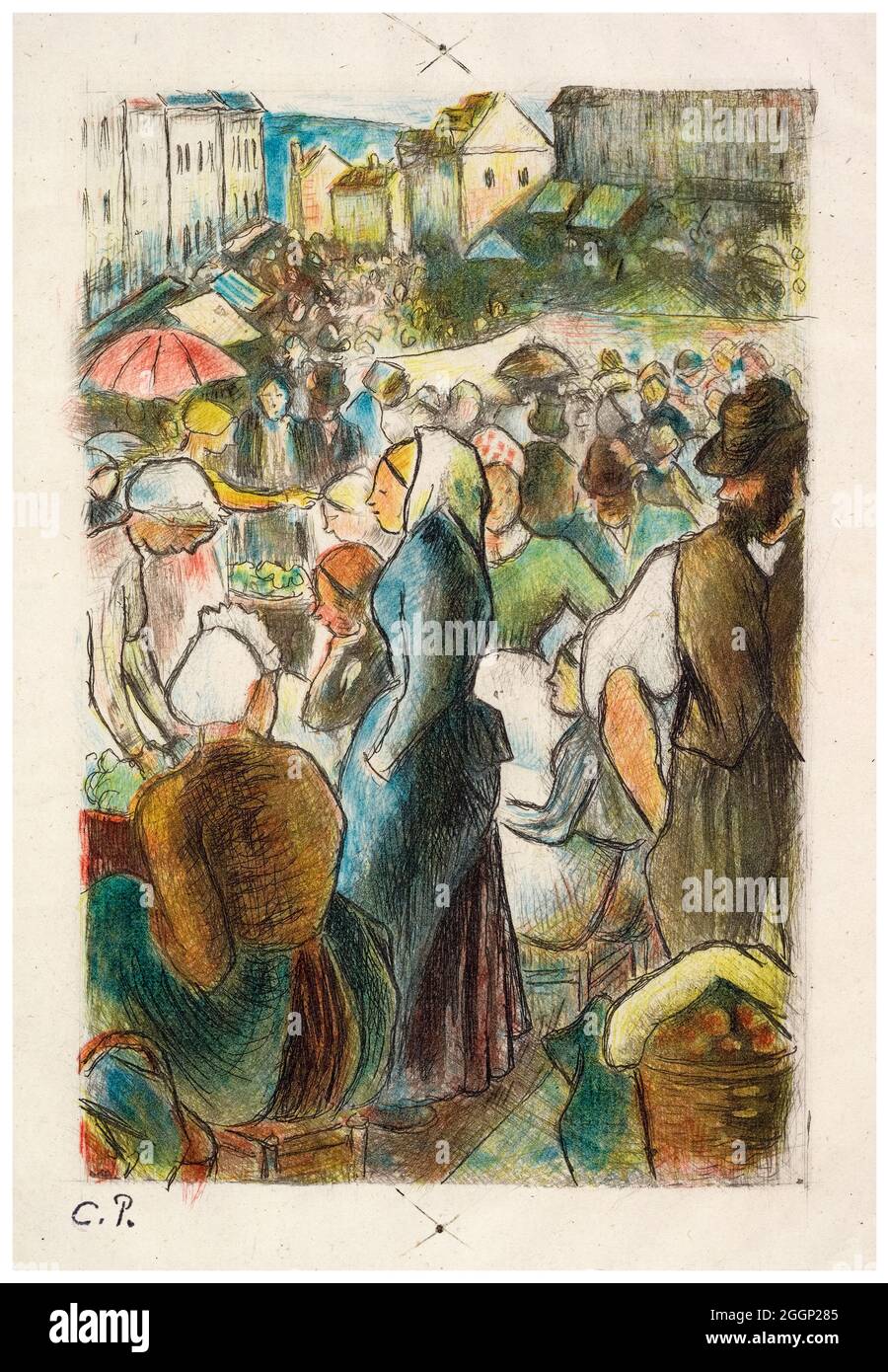 Camille Pissarro, The Market at Gisors: Rue Cappeville, drypoint printed in colour, 1894-1895 Stock Photo