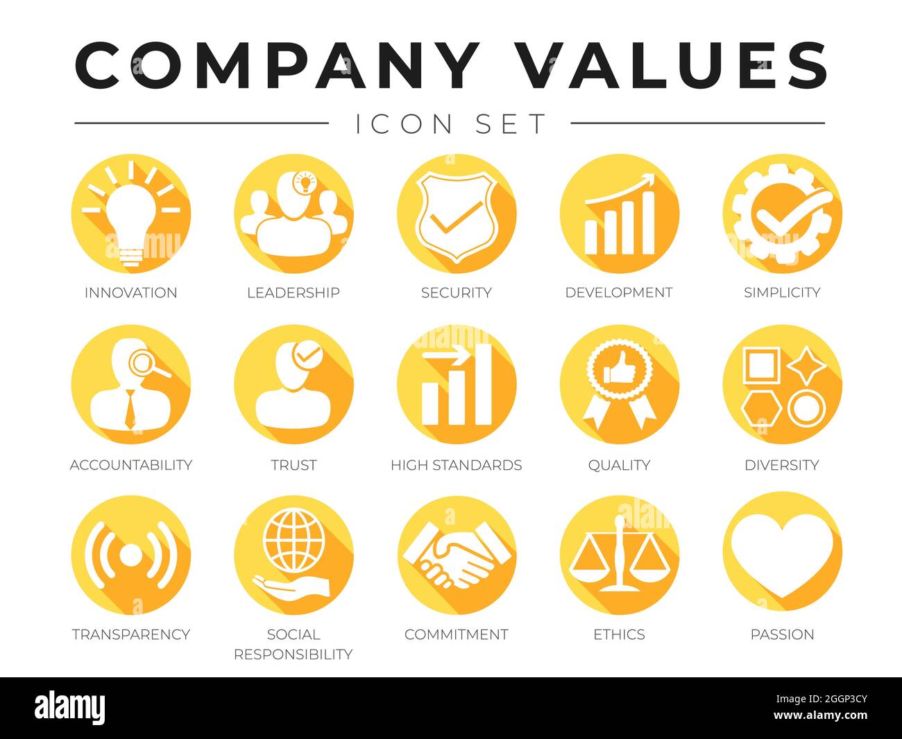 Flat Company Core Values icon Set. Innovation, Stability, Security