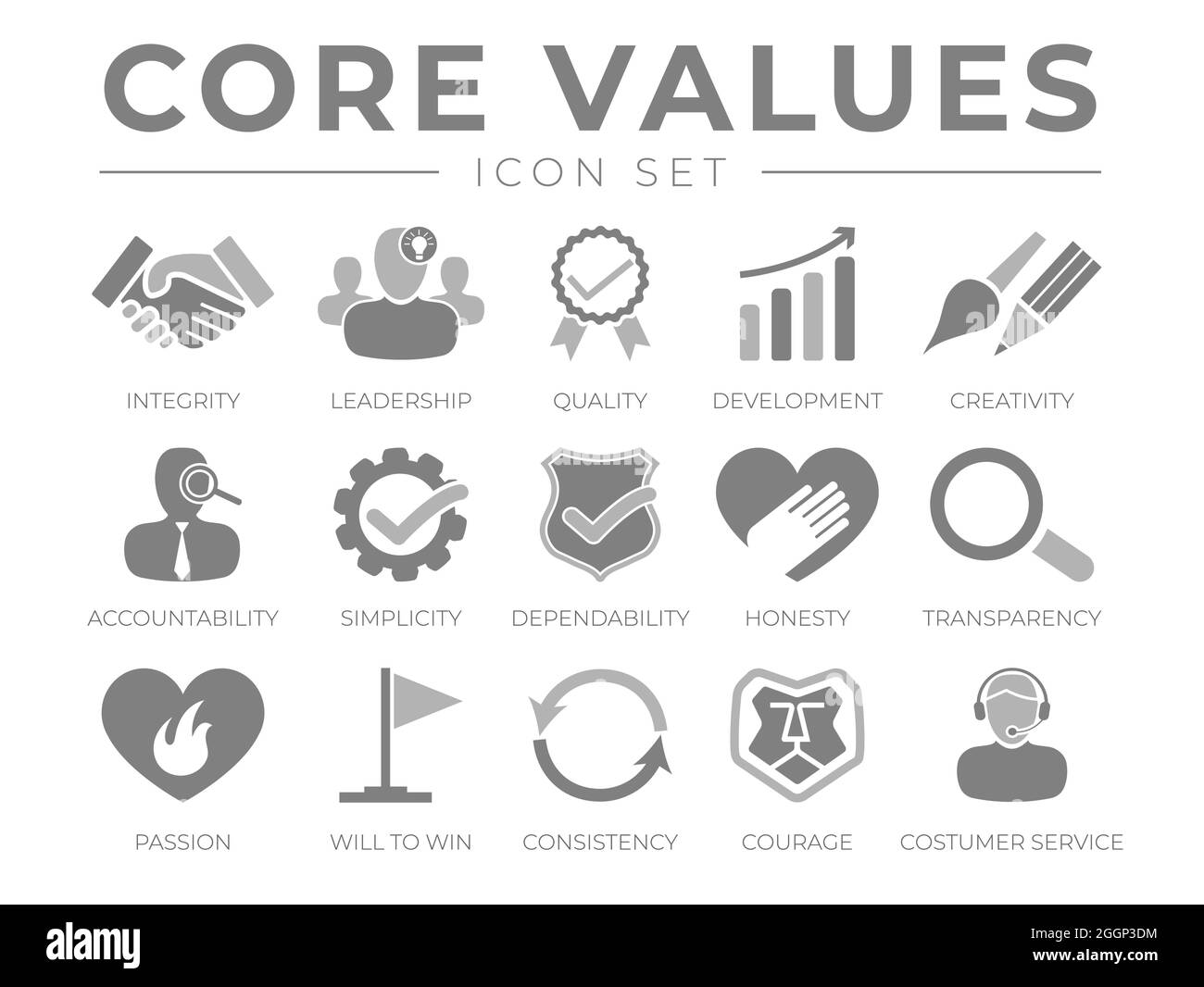 Company Core Values Icon Set. Integrity, Leadership, Quality and Development, Creativity, Accountability, Simplicity, Dependability, Honesty, Transpar Stock Vector