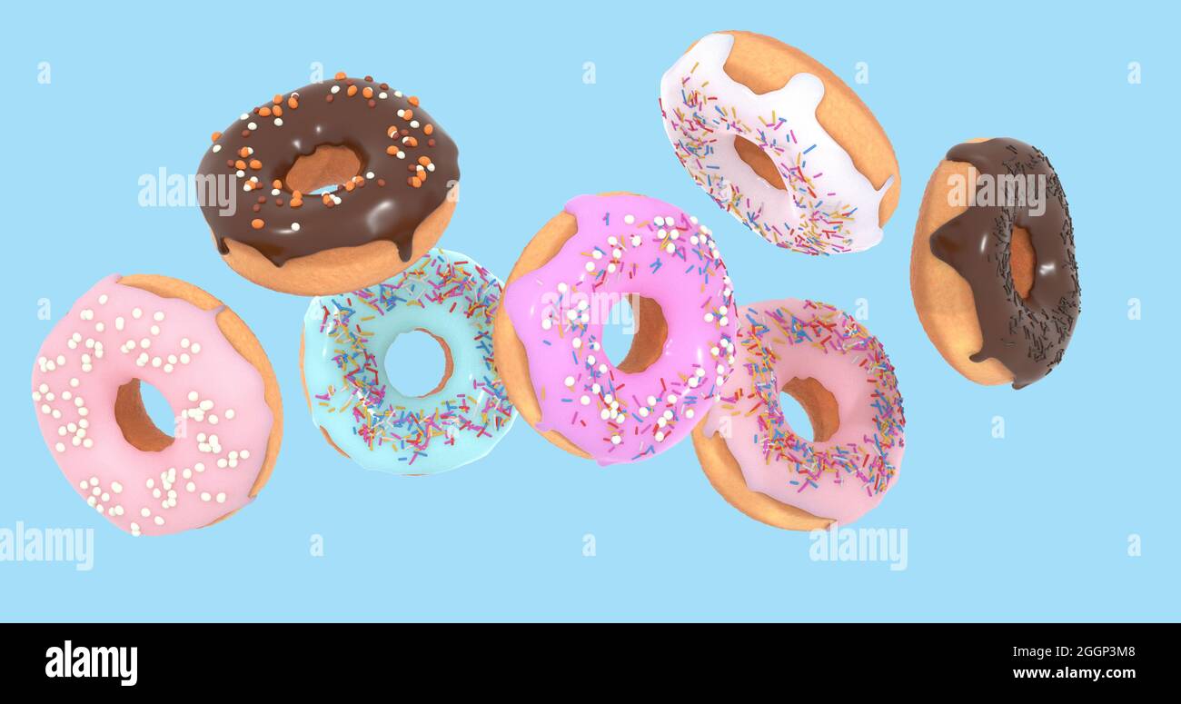 flying doughnuts - mix of multicolored sweet donuts with sprinkles on ...