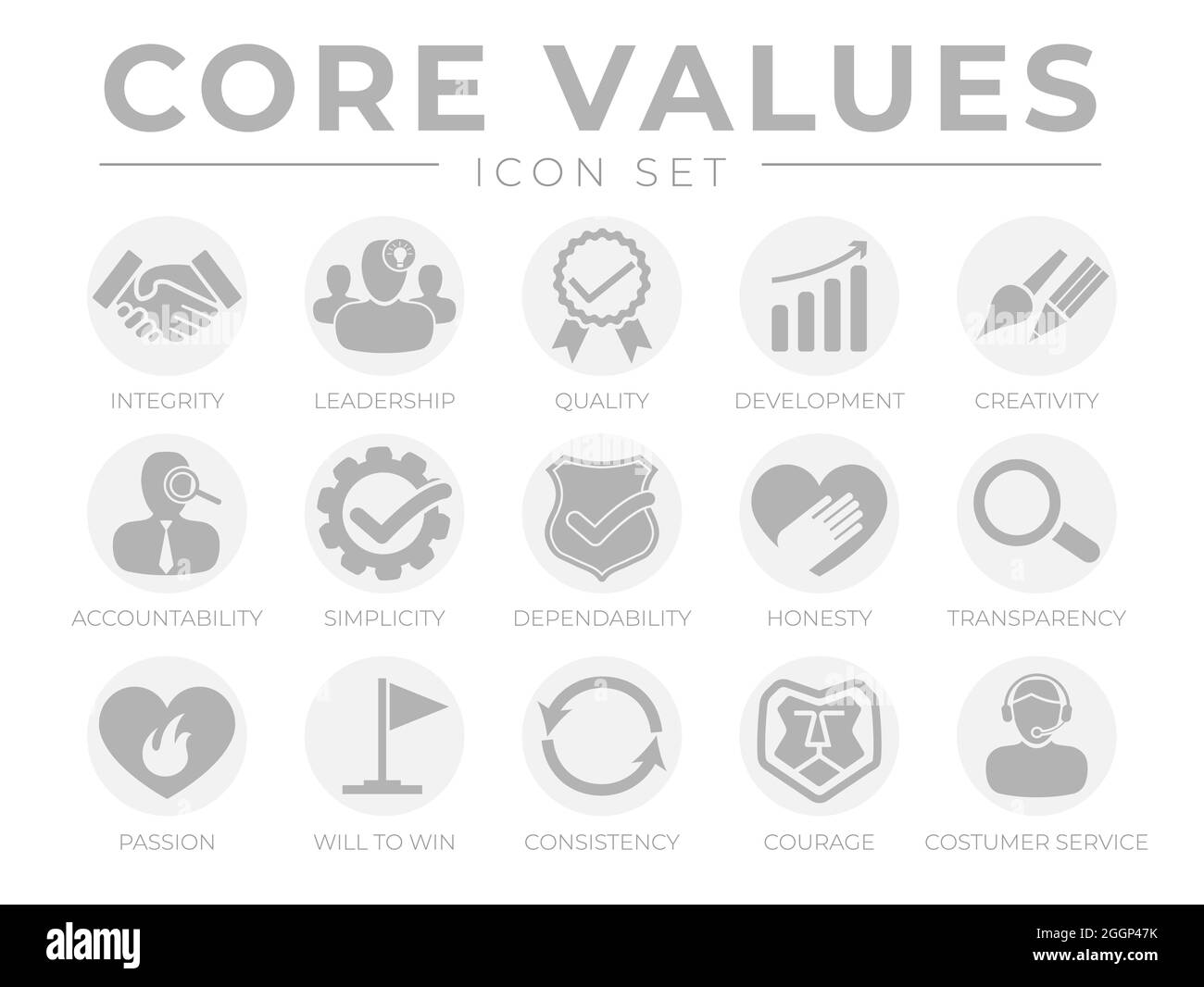Company Core Values Round Web Icon Set. Integrity, Leadership, Quality and Development, Creativity, Accountability, Simplicity, Dependability, Honesty Stock Vector