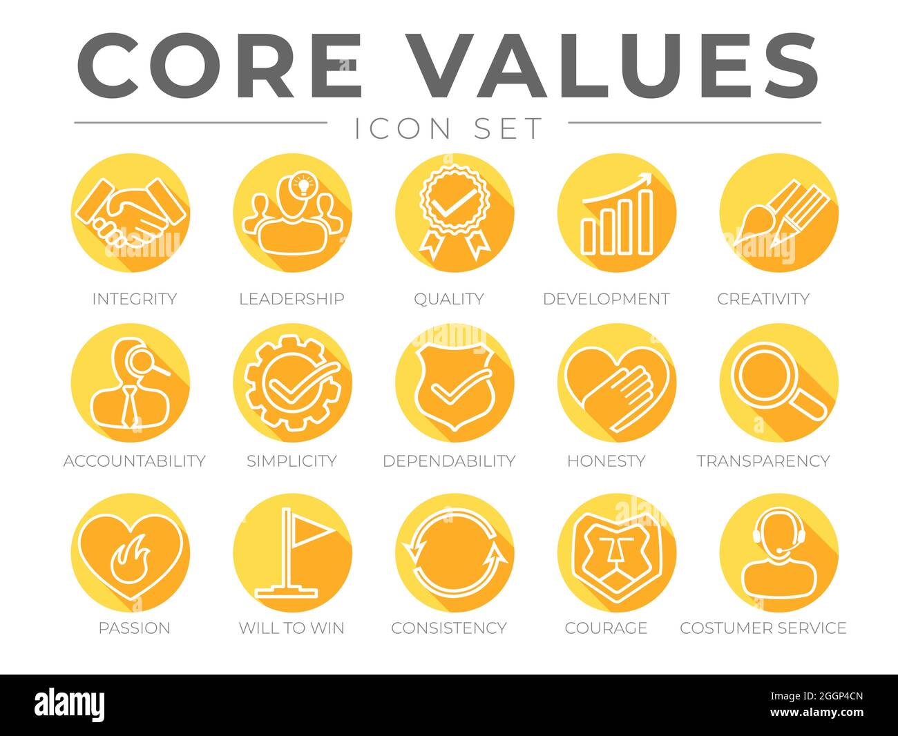 Company Core Values Round Flat Icon Set. Integrity, Leadership, Quality