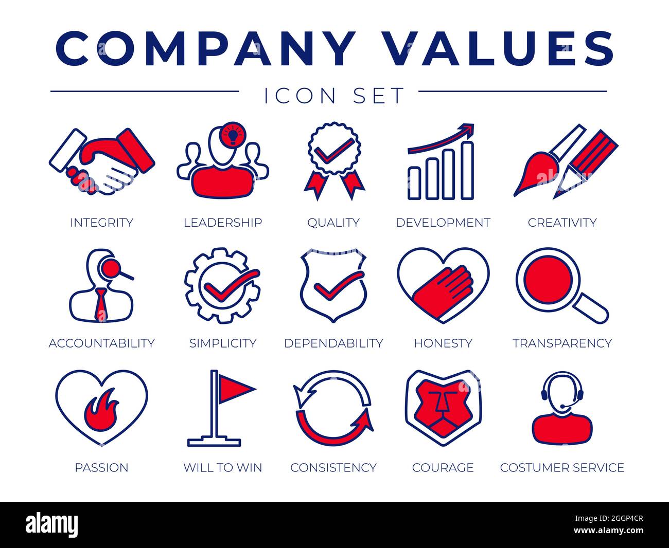Core Values Retro Icon Set. Integrity, Leadership, Quality and