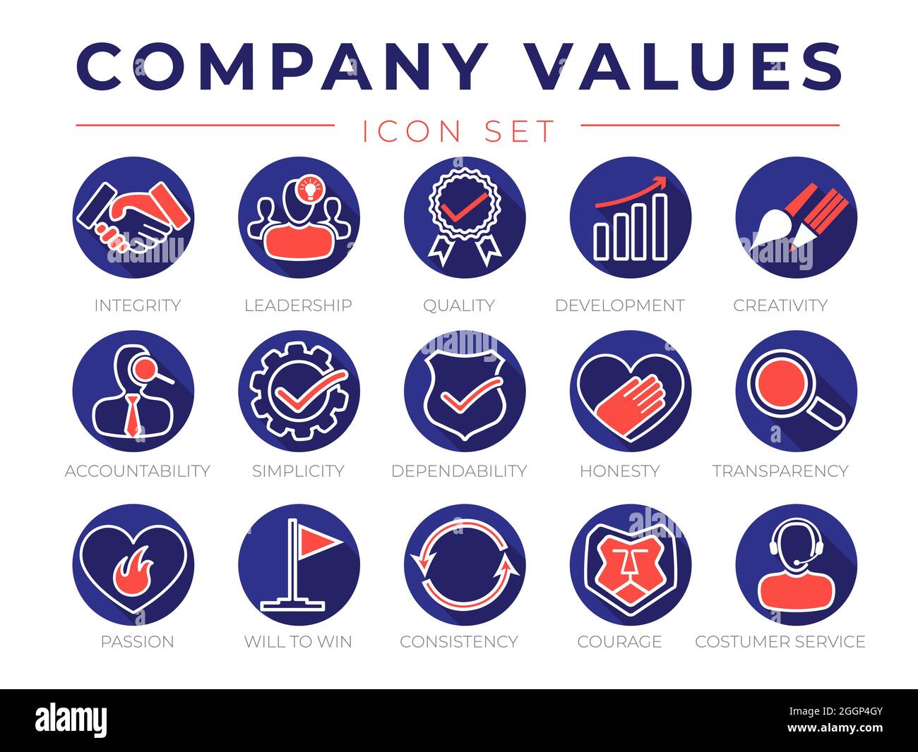 Company Core Values Round Flat Icon Set. Integrity, Leadership, Quality ...