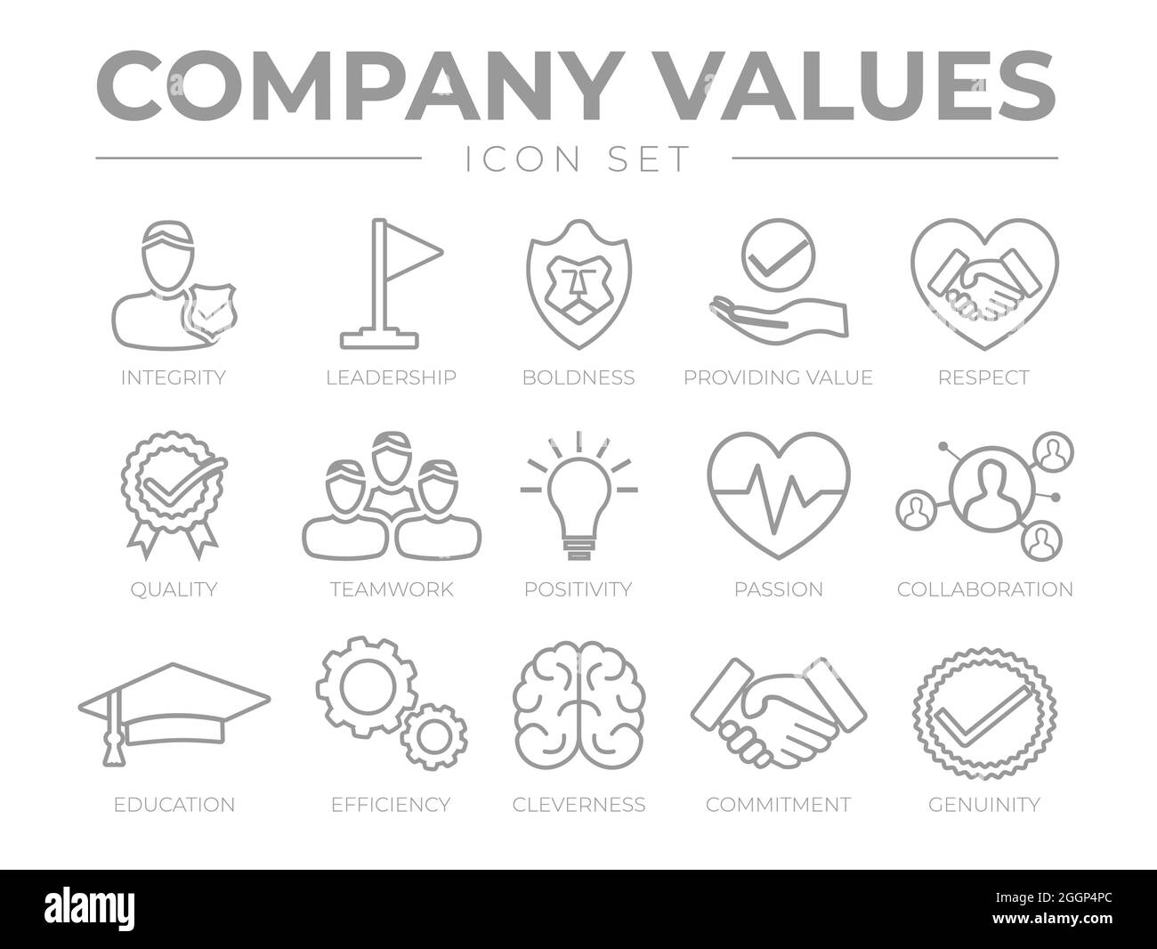 Business Company Values Outline Icon Set. Integrity, Leadership, Boldness, Value, Respect, Quality, Teamwork, Positivity, Passion, Collaboration, Educ Stock Vector