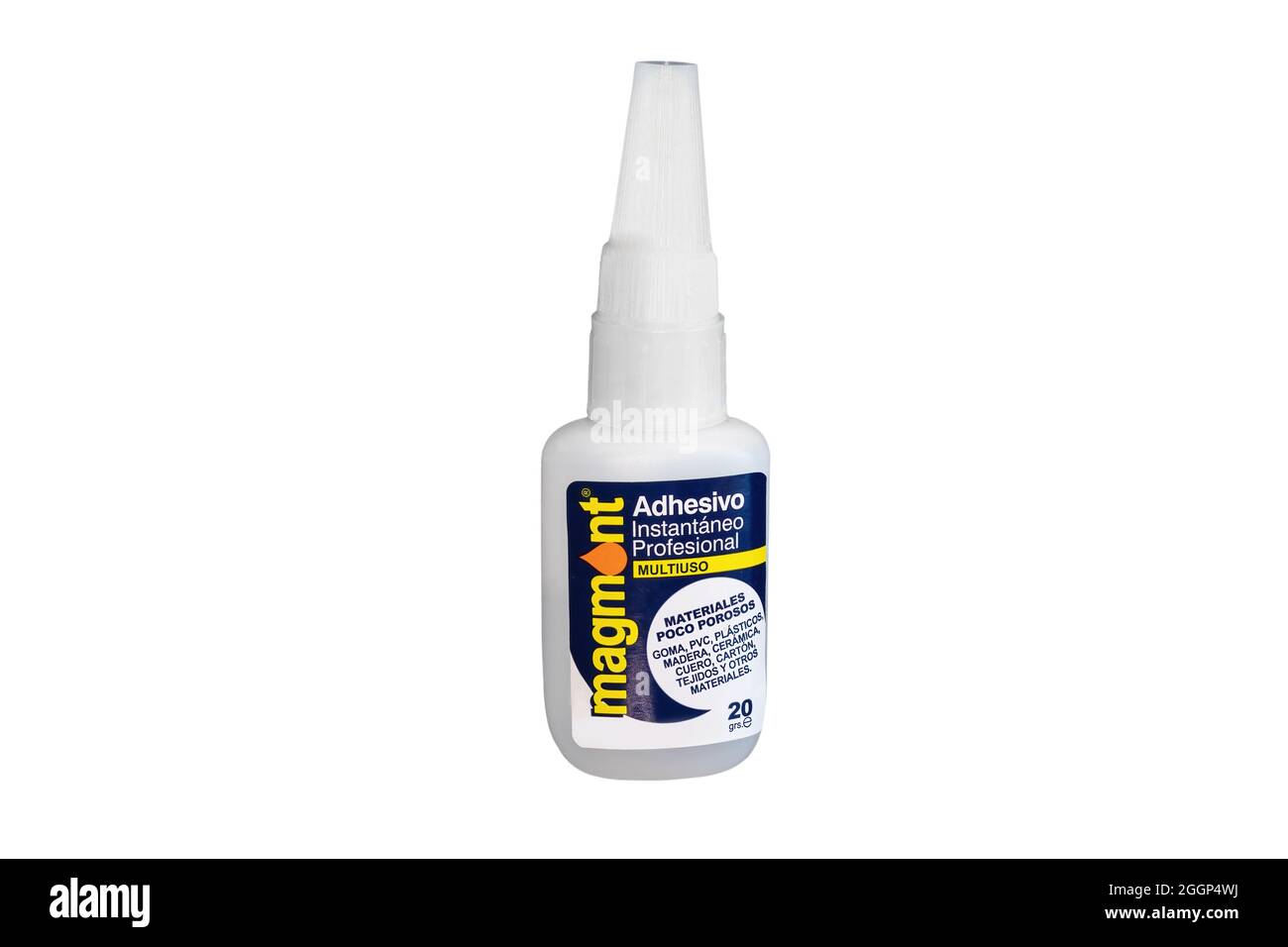 Huelva, Spain - August 28, 2021: Bottle of cyanoacrylate adhesive of a generic spanish brand. Cyanoacrylates are a family of strong fast-acting adhesi Stock Photo