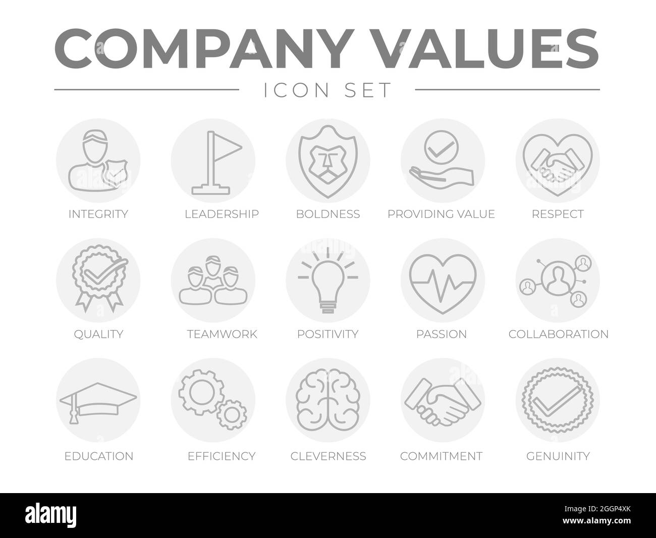 Company Values Round Gray Outline Icon Set. Integrity, Leadership