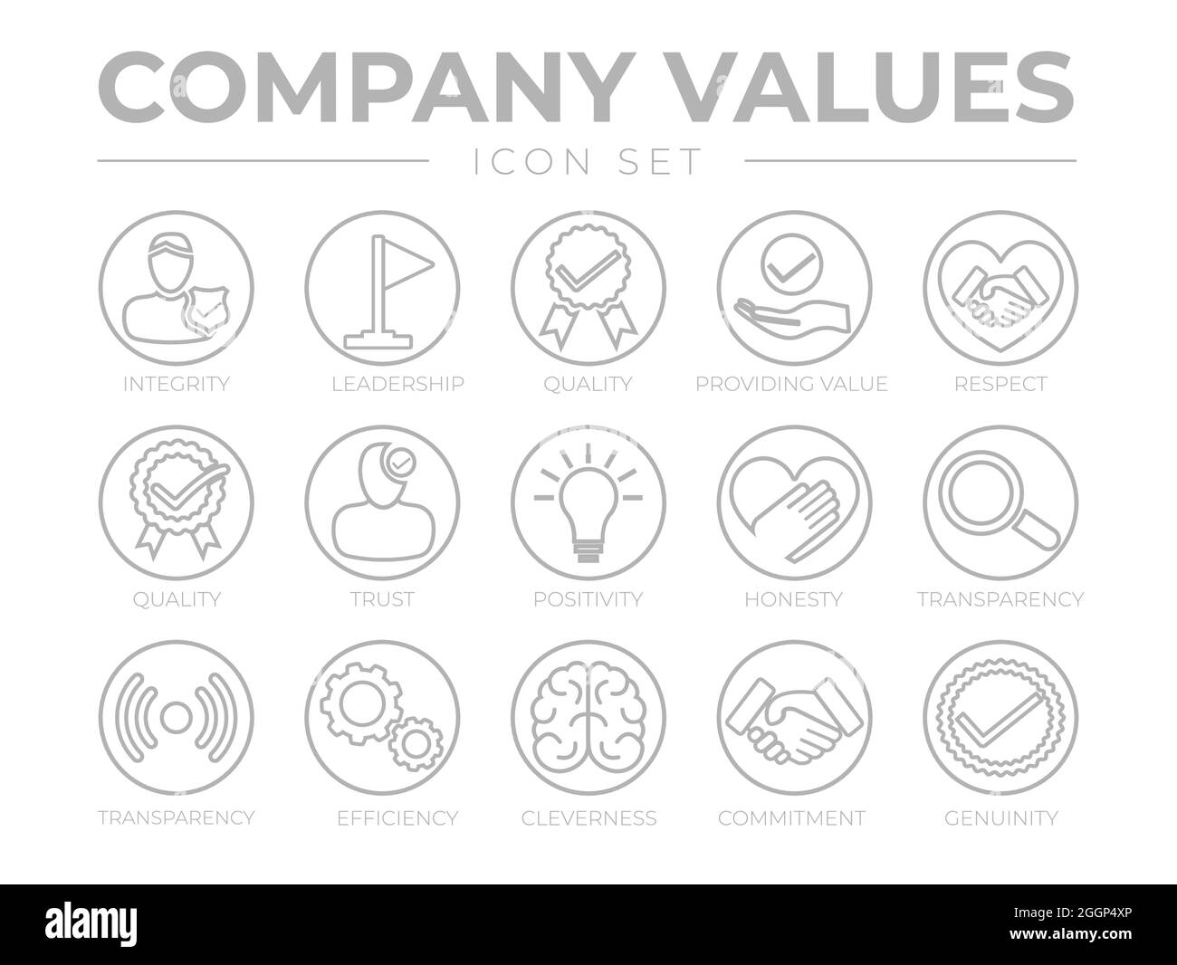 Thin Outline Company Values Round Gray Icon Set. Integrity, Leadership, Quality, Value, Respect, Trust, Positivity, Honesty, Transparency, Efficiency, Stock Vector