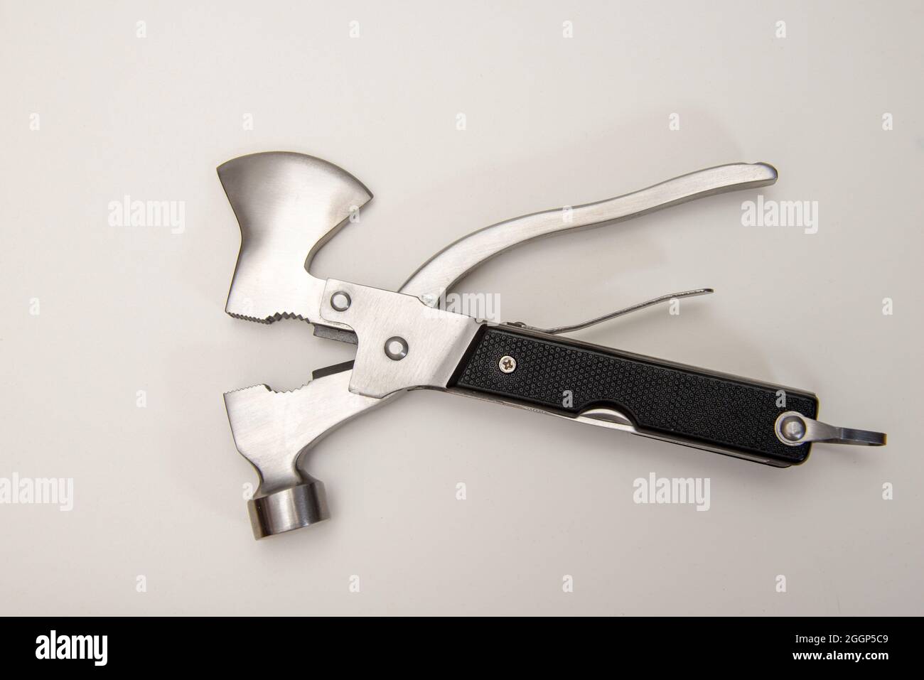 multi purpose tool on white background  ,camping and survival tools for every day . Stock Photo