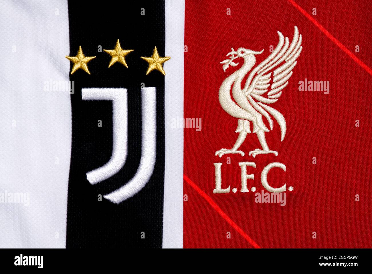 Close up of Liverpool and Juventus club crest. Stock Photo