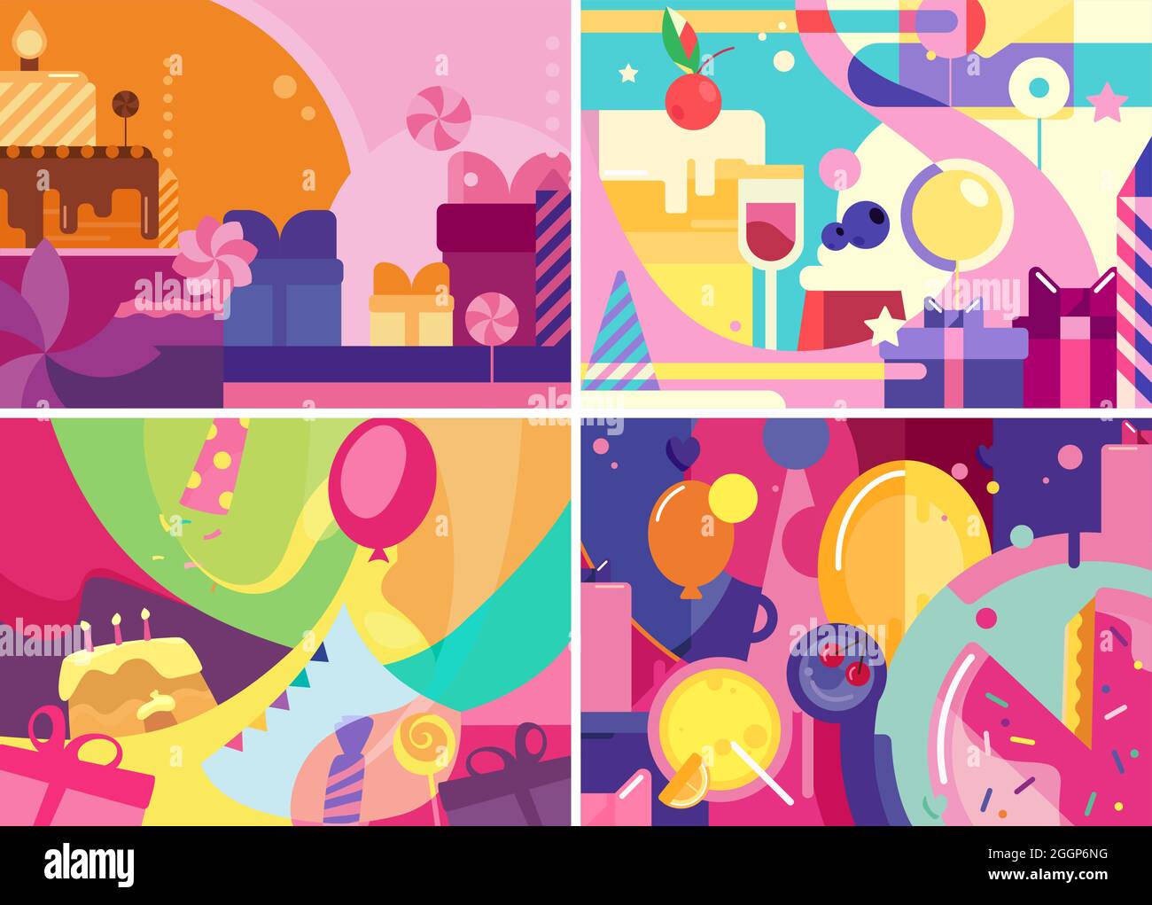 Collection of Happy Birthday banners. Holiday postcard designs in flat