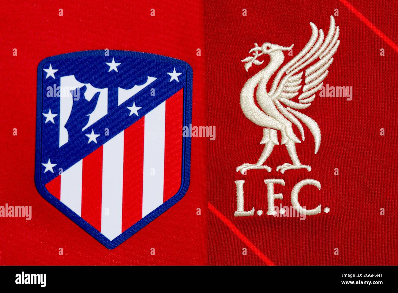 Close up of Atletico Madrid and Liverpool FC club crest. Stock Photo