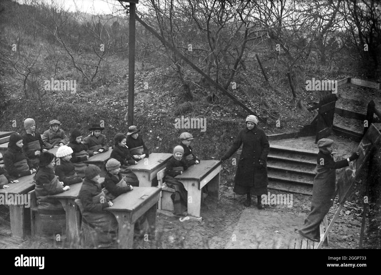 Open air school in the Netherlands, 1918, at the time of the Spanish Flu. Stock Photo